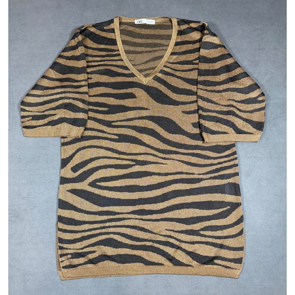 Zara Knit Top Womens Medium Brown Zebra Print V-Neck Short Sleeve Metallic